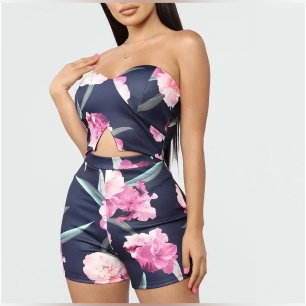 Large Fashion Nova Black Floral Strapless Romper